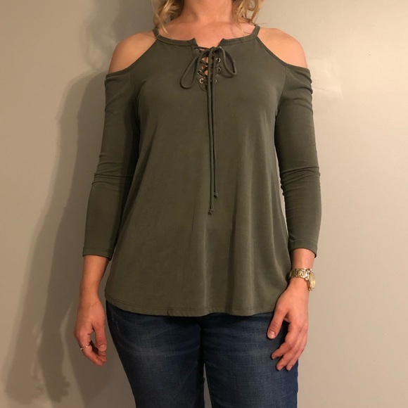 Tops - Green lace up, cold shoulder top